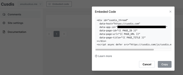 Example of embedded code and button in Dashboard to get it